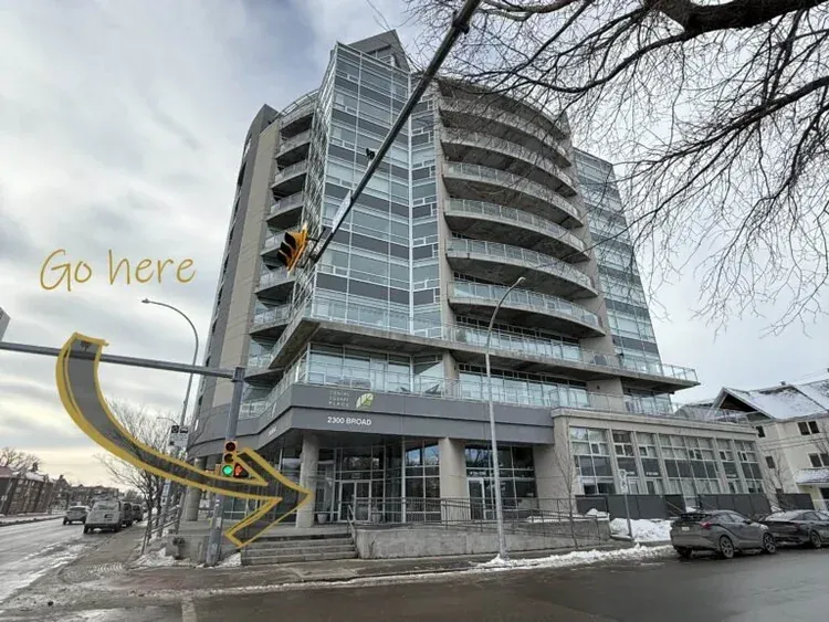 Exterior of the condo building at 2300 Broad Street in Regina, with the main entrance