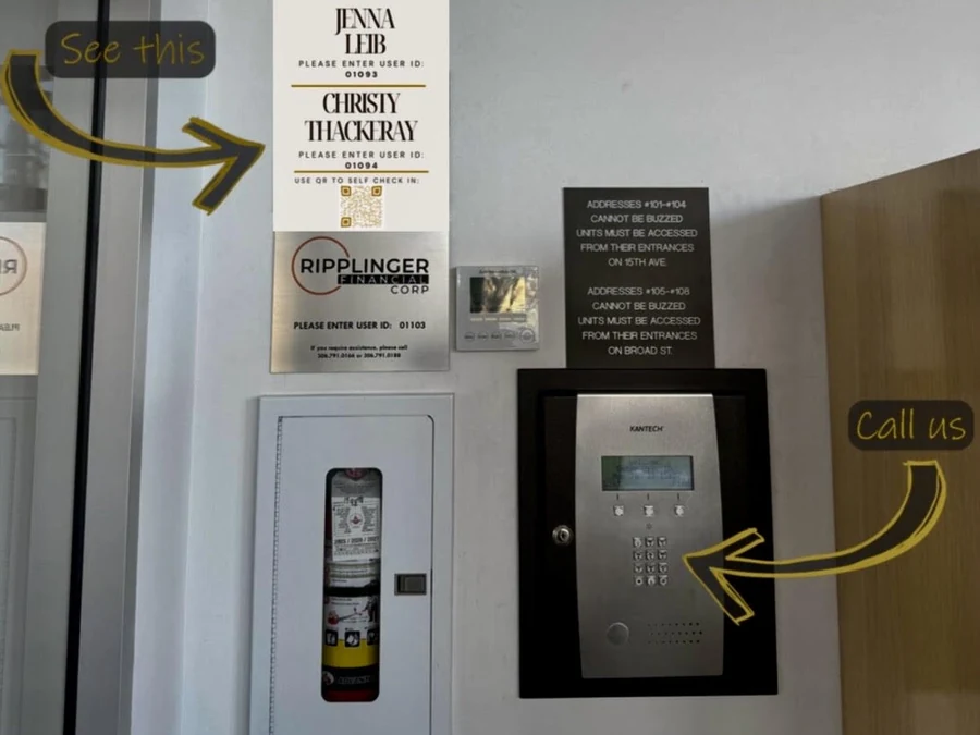 Building vestibule showing the practitioner sign with user IDs and the intercom keypad